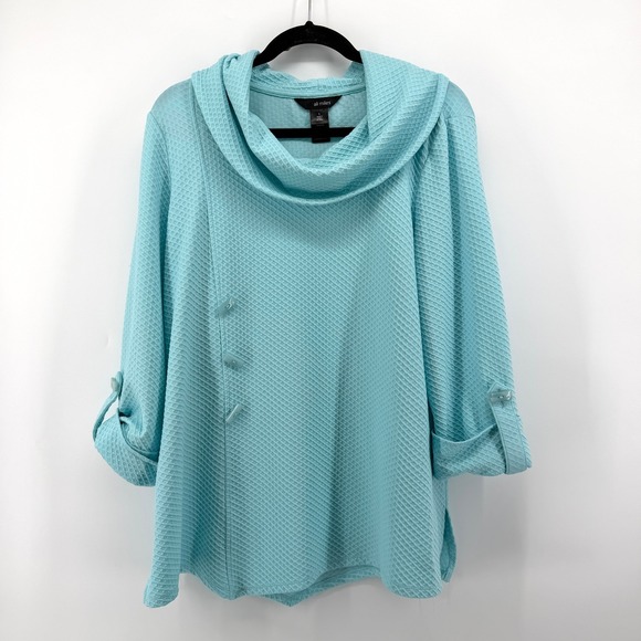 Ali Miles Tops - Ali Miles Womens Aqua Blue Waffle Knit Cowl Neck Roll Tab Sleeve Tunic Top Large